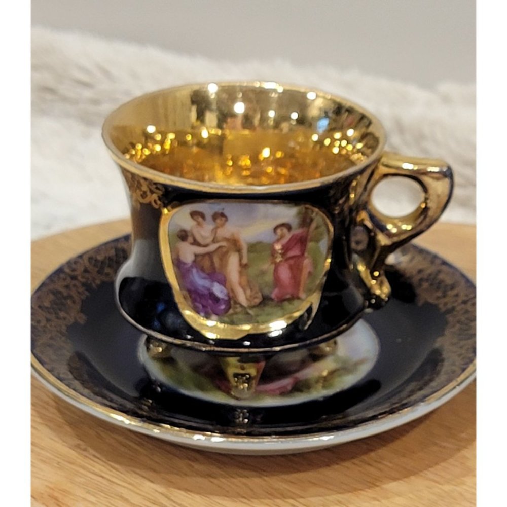 Royal Vienna Black with Gold 24K Gilt Porcelain Footed Cup and Saucer, Set of 2